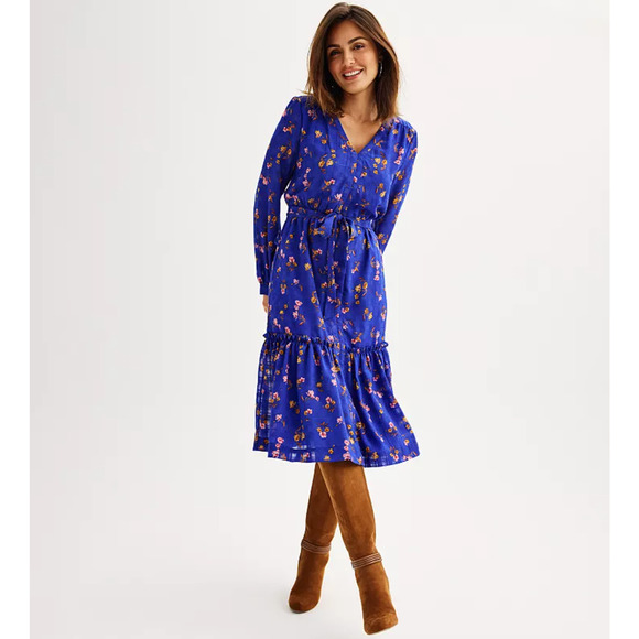 Draper James Dresses & Skirts - Draper James RSVP Tie Waist Midi Dress Womens XS Blue Floral Long Sleeves